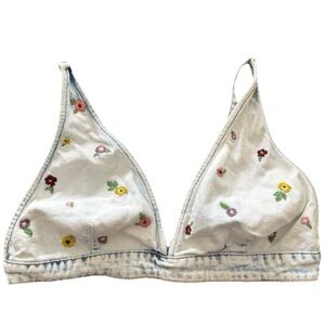 Denim Floral Embroidered Bralette / Bikini-Style Top | Festival Boho | L